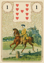 Vintage card with a rider on a horse and hearts symbol, likely from a tarot or card game set.