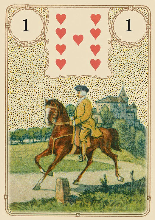 Vintage card with a rider on a horse and hearts symbol, likely from a tarot or card game set.