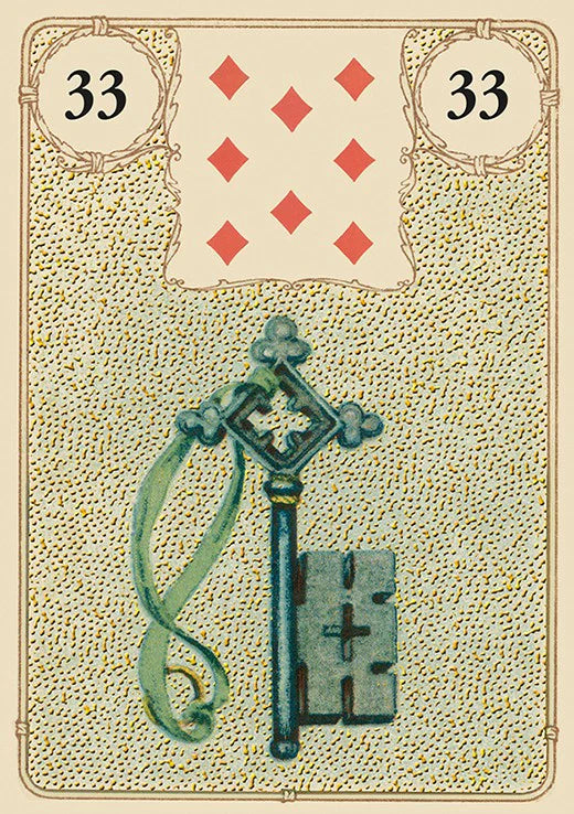 Card with a key symbol and number 33 on a textured background