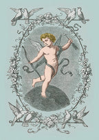 Decorative illustration of a winged figure with birds and flowers on a light blue background