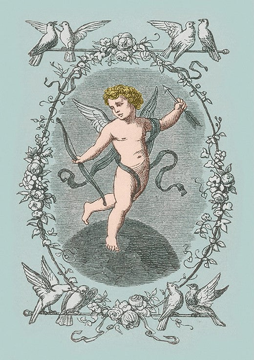 Decorative illustration of a winged figure with birds and flowers on a light blue background