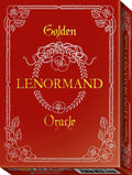 Red box with 'Golden Lenormand Oracle' text and floral design on a red background