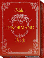 Red box with 'Golden Lenormand Oracle' text and floral design on a red background