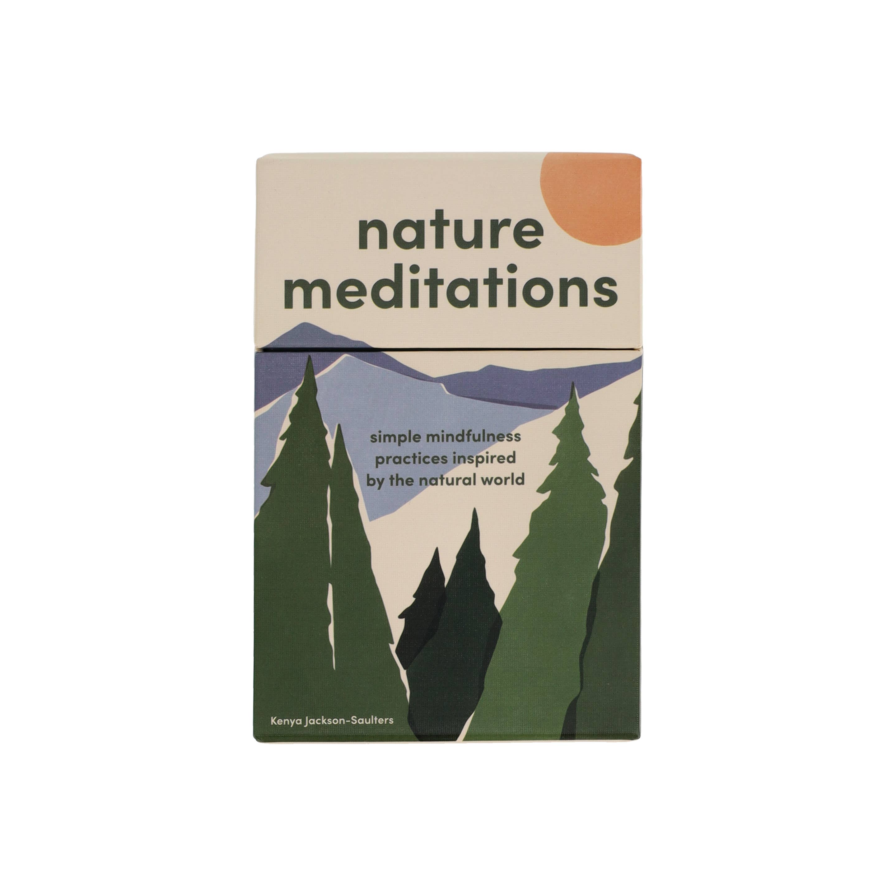 Book titled 'Nature Meditations' with mountain and tree design on a beige background