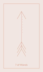 Card with a minimalist design of three wands on a light pink background, labeled '7 of Wands'.