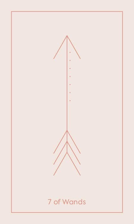 Card with a minimalist design of three wands on a light pink background, labeled '7 of Wands'.