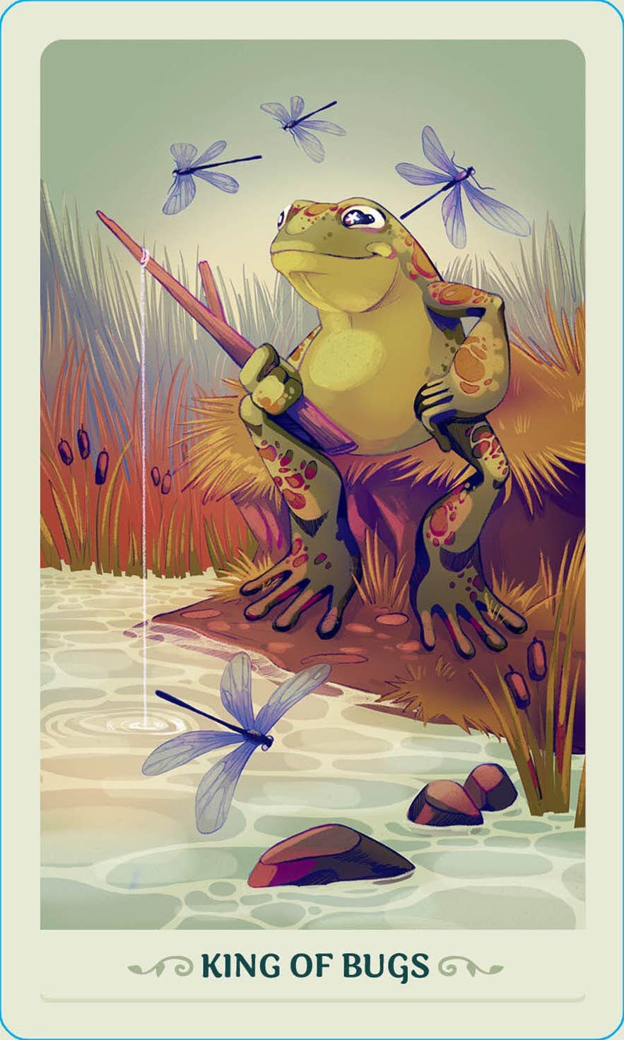 Frog with a staff and dragonflies on a card labeled 'King of Bugs'.