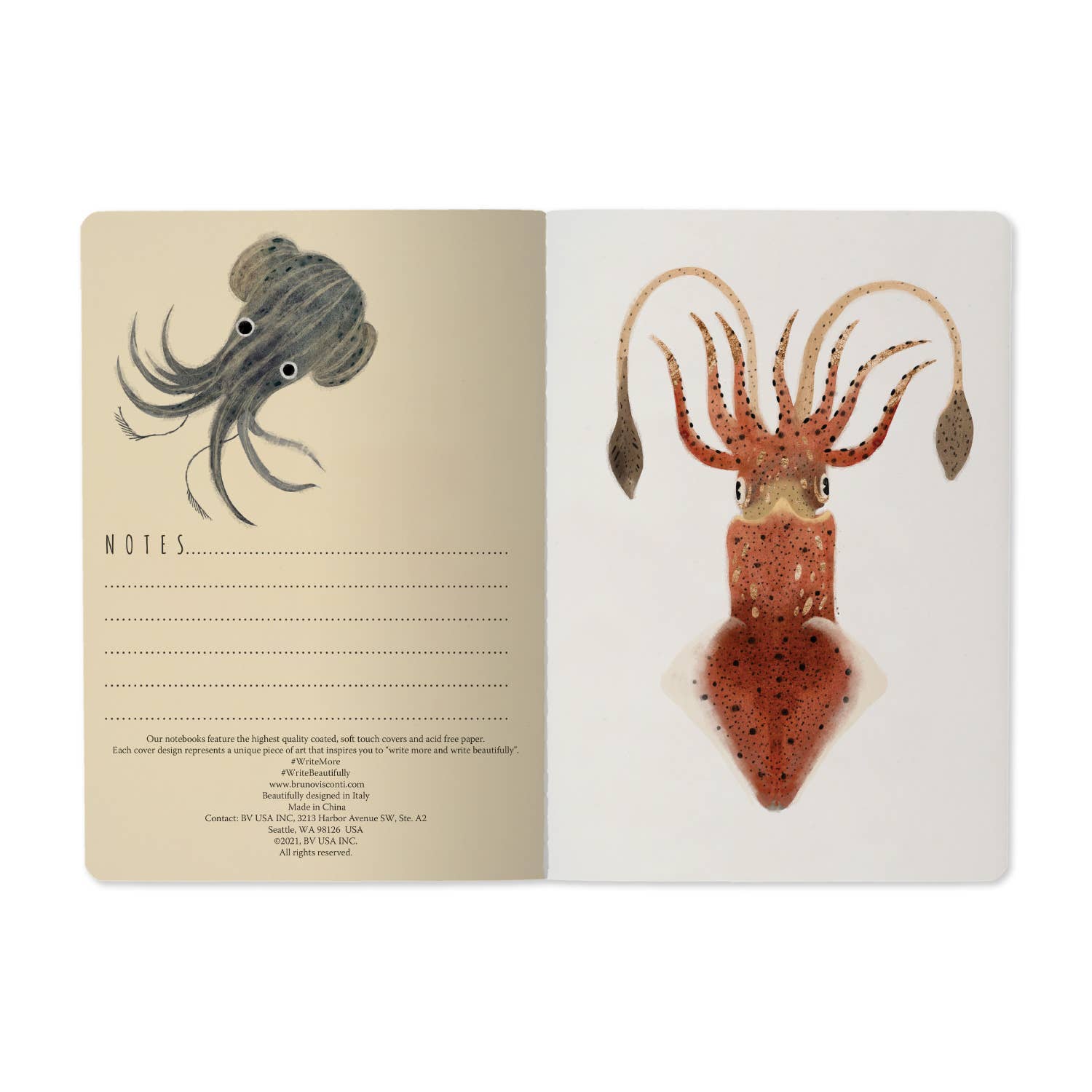 Notebook with illustrations of an octopus and a squid on the cover
