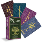Ogham cards with a box featuring Celtic design elements on a white background