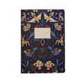 Notebook with a colorful animal and floral pattern on a dark blue background
