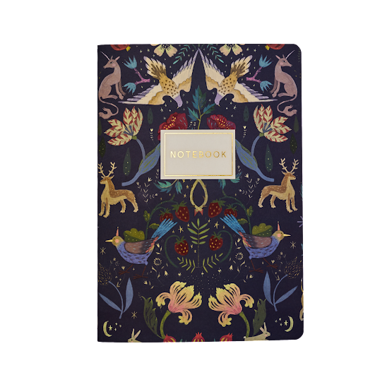 Notebook with a colorful animal and floral pattern on a dark blue background