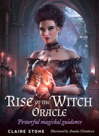 Book cover for 'Rise of the Witch Oracle' by Claire Stone, illustrated by Analia Chitulescu, featuring a Victorian-era witch holding a glowing orb in a dark stone archway setting.