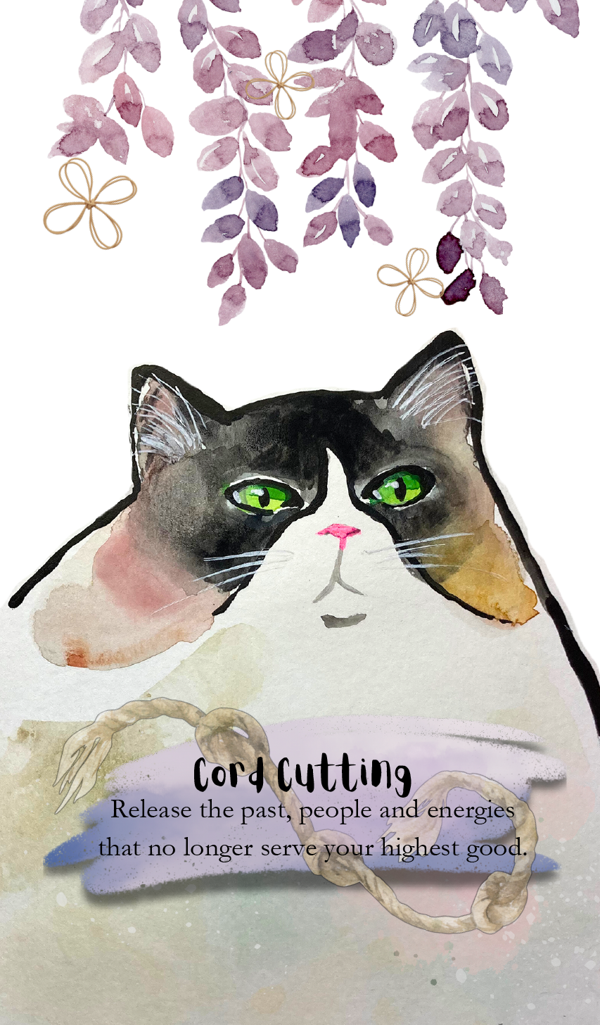 Watercolor-style illustration of a black-and-white cat with green eyes, hanging purple leaves at the top, rope elements, and the text 'Cord Cutting' with a quote below on a white background.