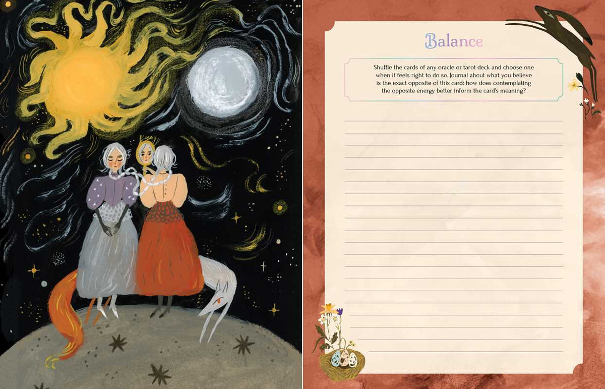 Illustration of three women on a moonlit night with celestial bodies, next to a lined paper sheet titled 'Balance'.