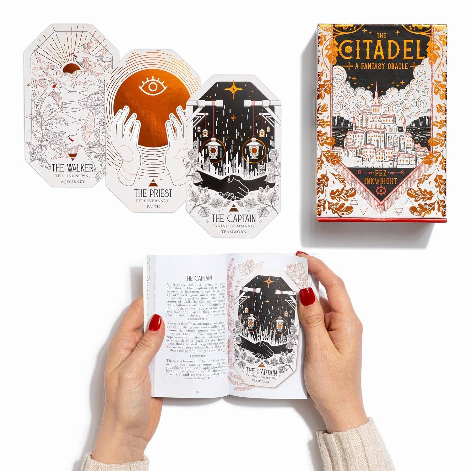 Fantasy oracle cards with card holder and open card showing text and illustration.