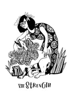 Black and white illustration of a woman with tattoos and a tiger, labeled 'Strength'.
