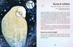 Illustration of a swan with mystical elements and text on a dark background