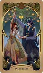 A tarot-style art card titled 'FAERIE FRUIT' with ornate gold border, fantasy illustration of two elves under an apple tree, and Roman numeral XV at the top.