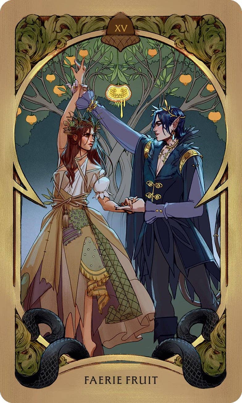 A tarot-style art card titled 'FAERIE FRUIT' with ornate gold border, fantasy illustration of two elves under an apple tree, and Roman numeral XV at the top.