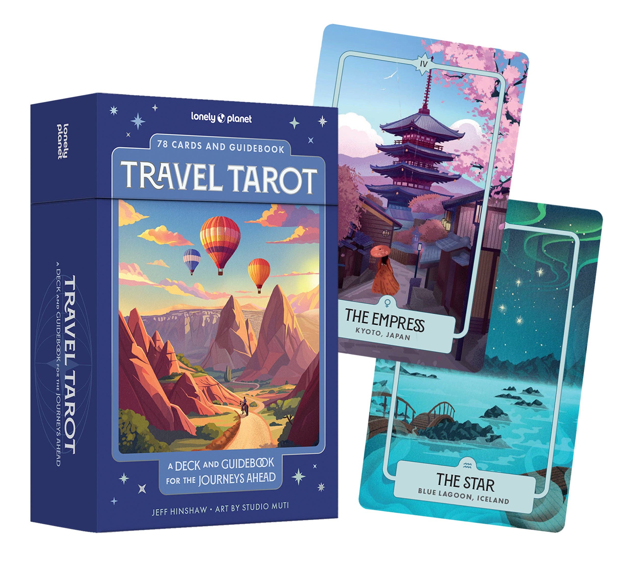 Travel Tarot card set with packaging and two cards displayed on a white background
