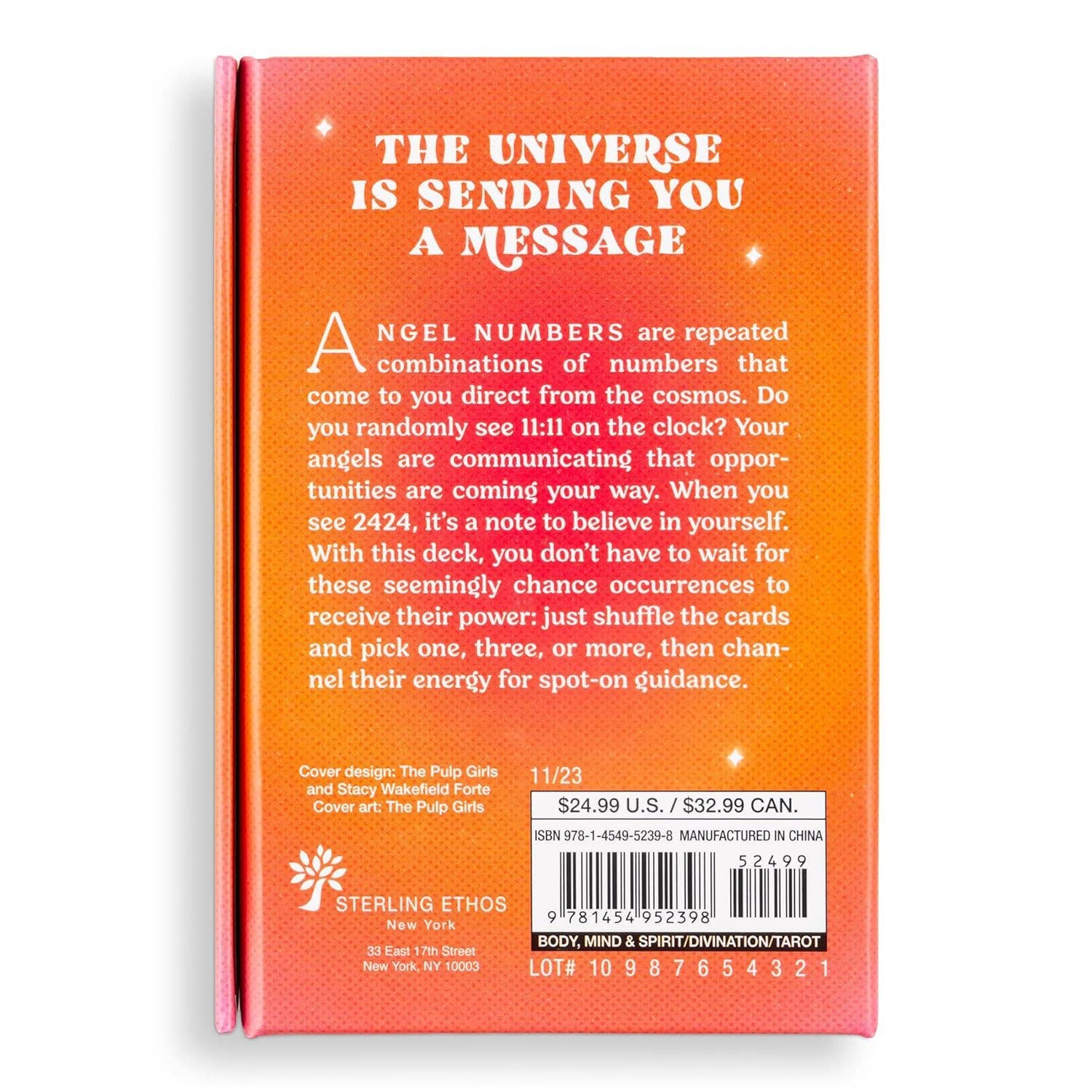 Back cover of a book titled 'The Universe is Sending You a Message' with text and branding details.