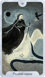 Tarot card featuring 'The Winter Empress' with a dark, mystical atmosphere.