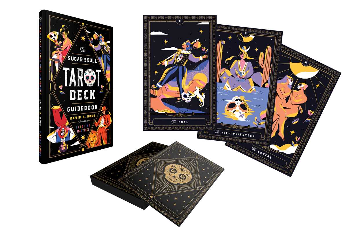 Tarot deck with colorful illustrations and a black box on a white background