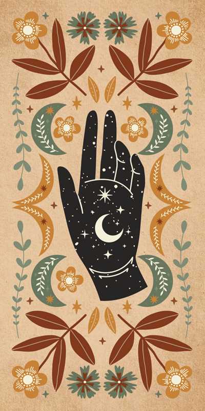 Decorative design with a black hand, moon, and stars on a beige background with floral and leaf patterns.