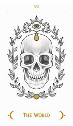 Skull with eye and laurel wreath, tarot card style illustration.