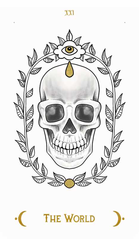 Skull with eye and laurel wreath, tarot card style illustration.