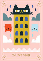 Illustration of a cat-like character on top of a tower with clouds and other characters around, on a pink background.