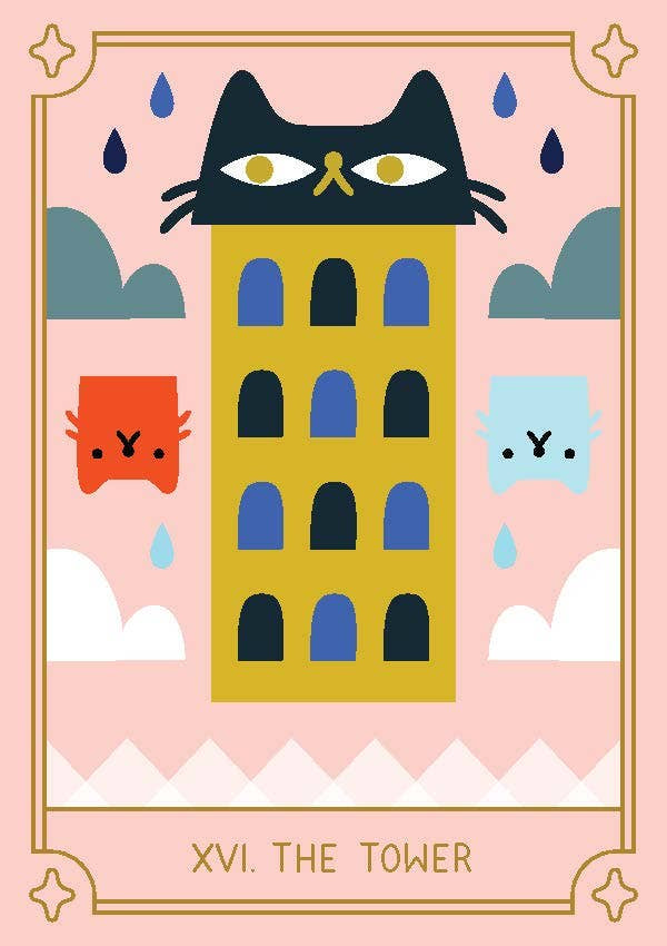 Illustration of a cat-like character on top of a tower with clouds and other characters around, on a pink background.