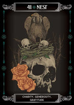 Illustration of an eagle with a skull and roses, symbolizing charity, generosity, and gratitude, on a dark background.
