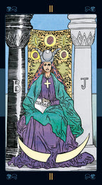 Tarot card featuring a figure in a purple and green robe with a crescent moon symbol, flanked by columns and celestial symbols.