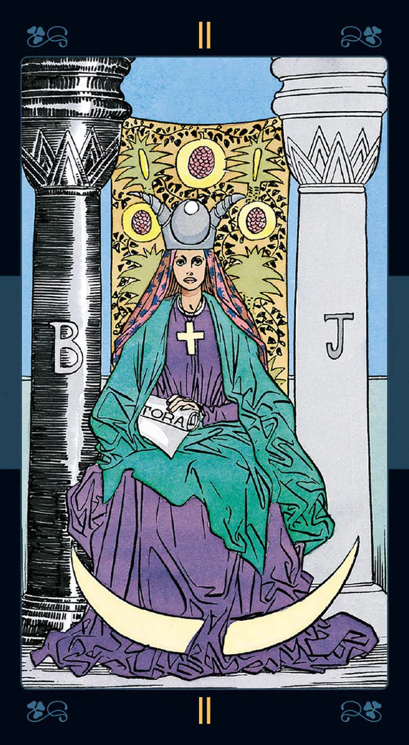 Tarot card featuring a figure in a purple and green robe with a crescent moon symbol, flanked by columns and celestial symbols.