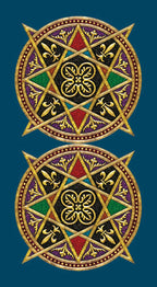 Two decorative emblems with geometric patterns and symbols on a blue background. This is the back side of the Universal Tarot cards.