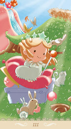 Cartoon fairy with a rabbit and cat in a whimsical garden setting