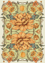 Decorative floral design with large orange flowers and sun elements on a beige background