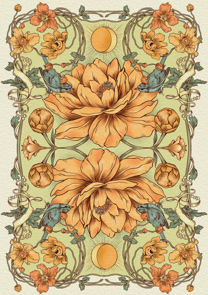 Decorative floral design with large orange flowers and sun elements on a beige background