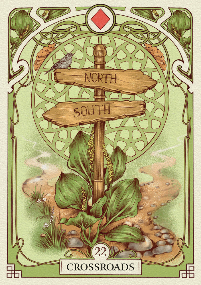 Art Nouveau-style card with a wooden signpost pointing 'North' and 'South', surrounded by nature elements.