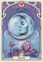 Tarot card featuring a face within a moon symbol, surrounded by floral elements and decorative border.