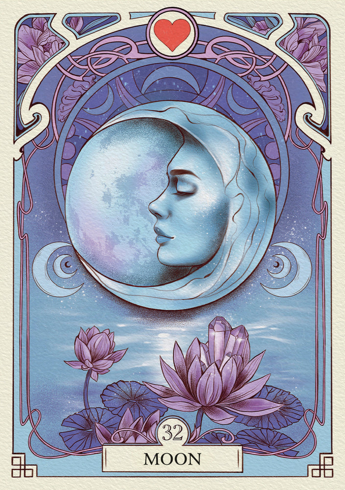 Tarot card featuring a face within a moon symbol, surrounded by floral elements and decorative border.