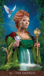 Tarot card featuring 'The Empress' with a woman holding a dove, flower, and staff in a forest setting.