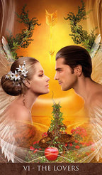 Tarot card featuring a couple with a tree between them, set against a warm, glowing background.