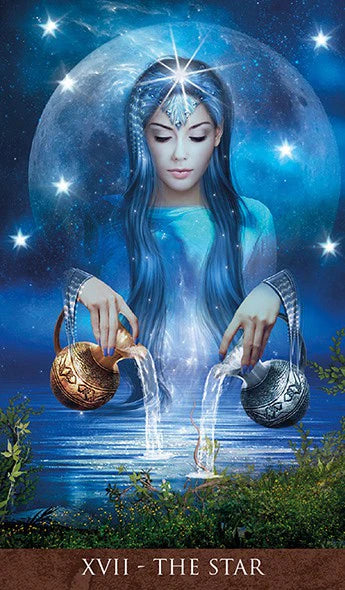 Fairy-like figure with long hair and blue dress holding two pots with water, surrounded by stars and moon.