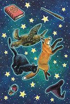 Illustration of a fox, turtle, black cat, and other mystical elements against a starry night sky.