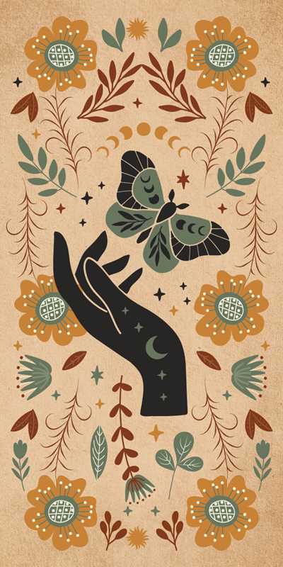 Decorative design with a hand holding a butterfly surrounded by flowers and leaves on a beige background.