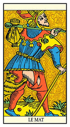 Tarot card featuring a character labeled 'Le Mat' with a yellow background