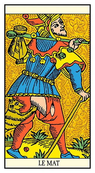 Tarot card featuring a character labeled 'Le Mat' with a yellow background