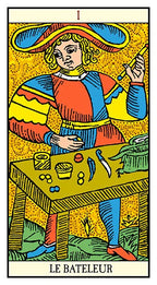 Tarot card featuring 'Le Bateleur' with a person at a table, colorful attire, and a yellow background.
